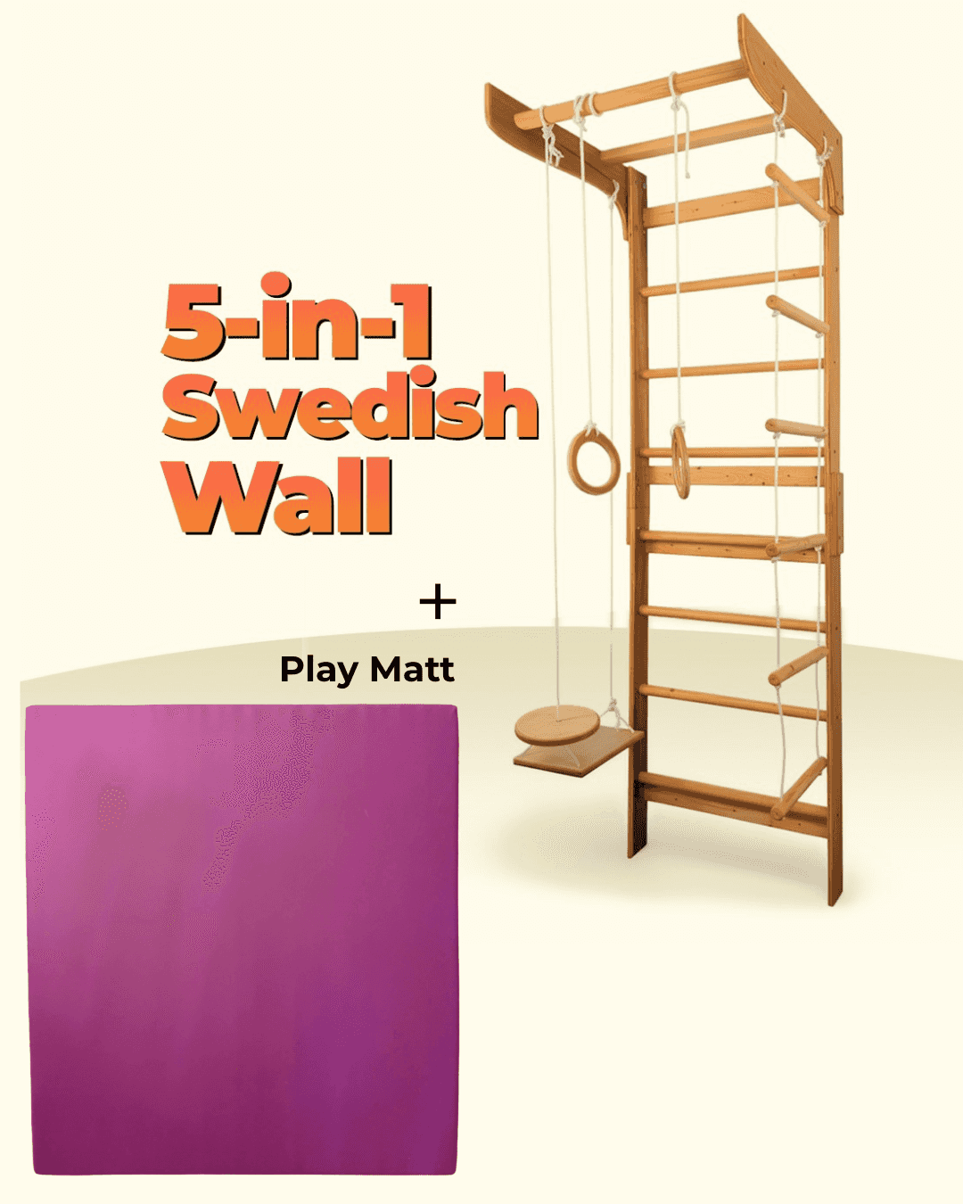 5-in-1 Swedish Wall with rings, ladder and swing with play mat