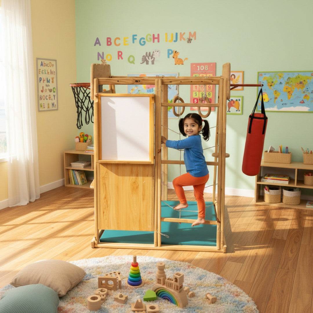 Child playing on a wooden jungle gym in a colorful playroom.