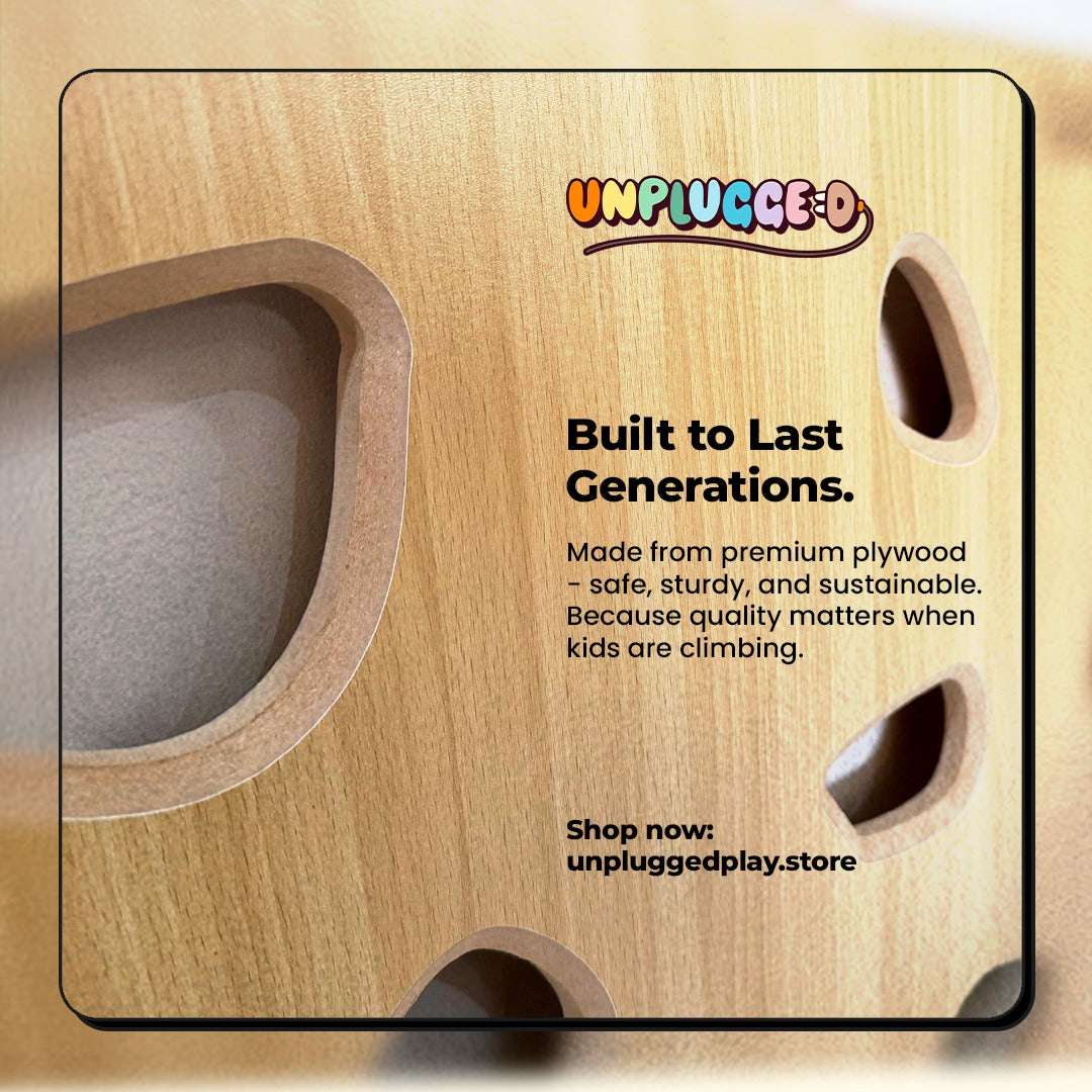 Climbing Wall with 'Unplugged' branding and sustainability message.