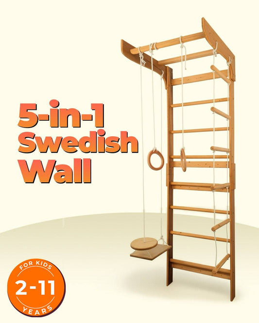 Wooden 5-in-1 Swedish Wall with rings, ladder and swing for kids 2-11 years