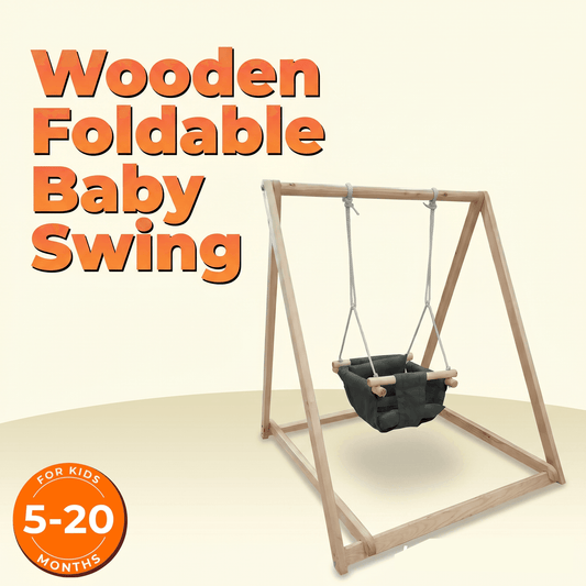 Wooden foldable baby swing with text on a beige background for kids 5-20 Months