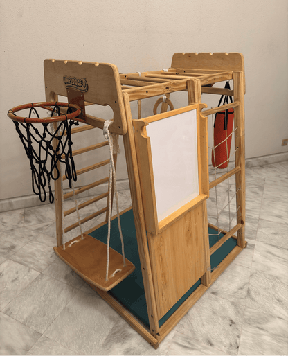 Wooden jungle gym with basketball hoop, swing, ladder, rope ladder and monkey bar